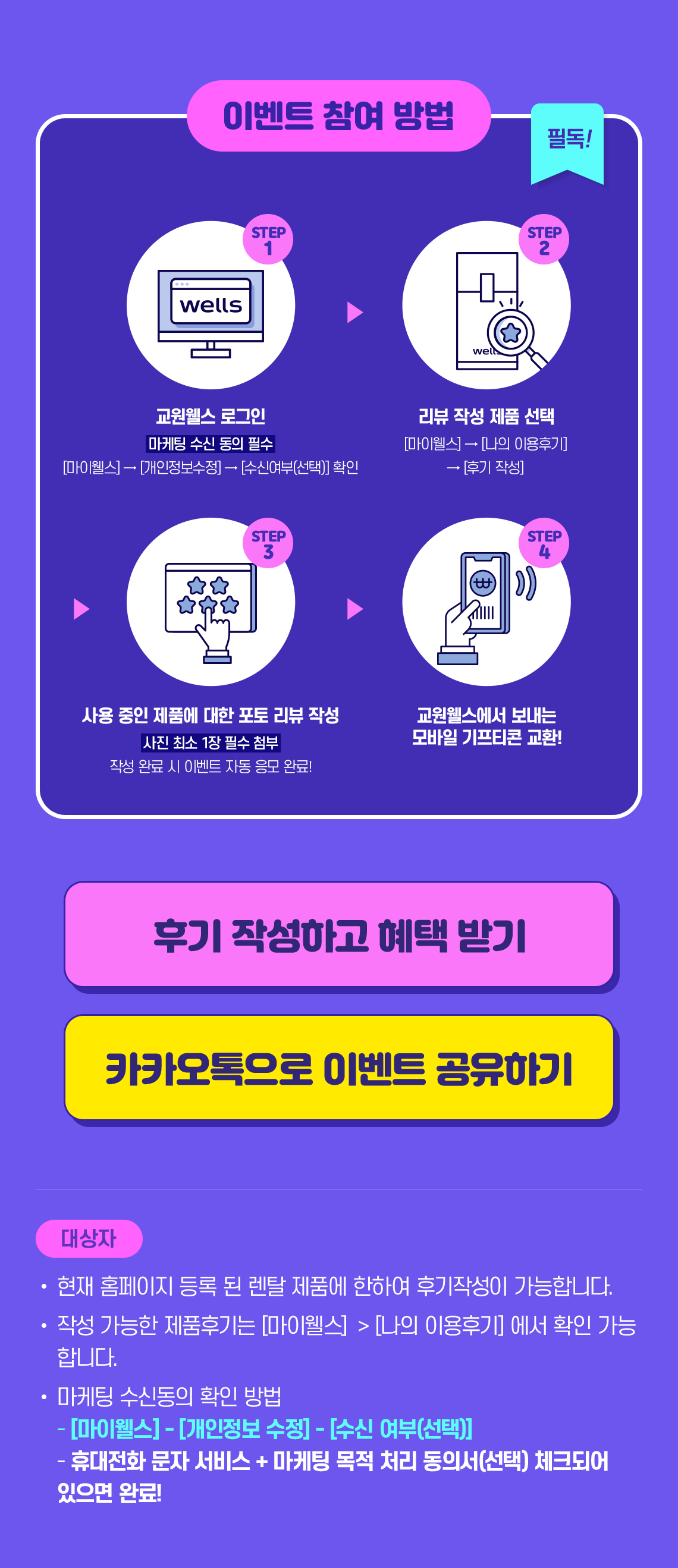 이벤트 참여 방법 4단계: 1.교원웰스 로그인 마케팅 수신 동의 필수 2.리뷰 작성 제품 선택 3.사용 중인 제품에 대한 포토 리뷰 작성 4.교원웰스에서 보내는 모바일 기프티콘 고팽, 후기 작성하고 혜택 받기 버튼, 카카오톡으로 이벤트 공유하기 버튼, 대상자 안내 및 마케팅 수신동의 확인 방법